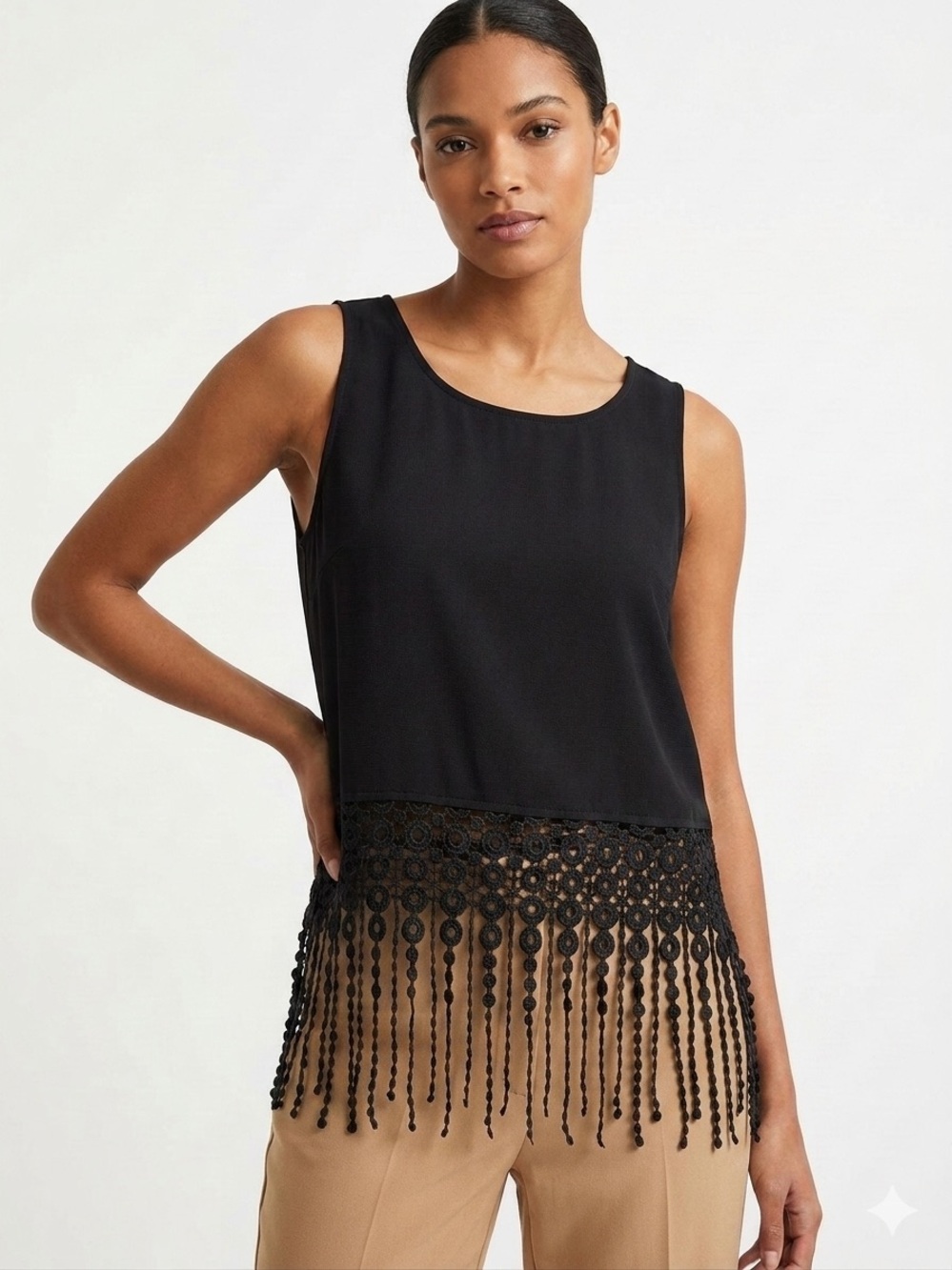 Monteau Black Boho Lace Back Tank Top with Crochet Fringe Hem 1899